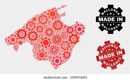 Mosaic technical Mallorca map and textured stamp. Vector geographic abstraction in red colors. Mosaic of Mallorca map combined of scattered gearwheel items. Red colored model for technical,
