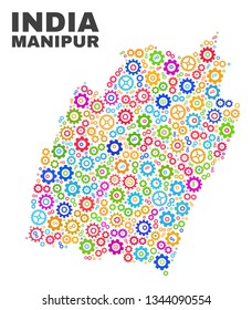 Mosaic technical Manipur State map isolated on a white background. Vector geographic abstraction in different colors. Mosaic of Manipur State map composed from random multi-colored gearwheel items.