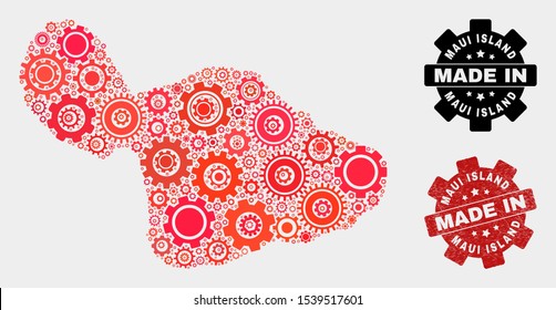 Mosaic technical Maui Island map and textured seal. Vector geographic abstraction in red colors. Mosaic of Maui Island map combined of random gearwheel elements. Red colored model for technical,