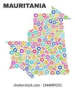 Mosaic technical Mauritania map isolated on a white background. Vector geographic abstraction in different colors. Mosaic of Mauritania map combined of scattered multi-colored cog items.