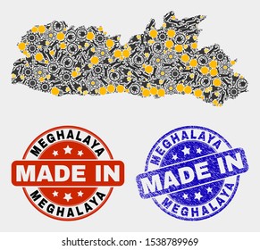 Mosaic technical Meghalaya State map and blue Made In textured stamp. Vector geographic abstraction model for industrial, or patriotic illustrations.