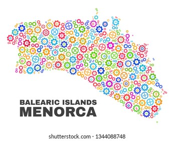 Mosaic technical Menorca Island map isolated on a white background. Vector geographic abstraction in different colors. Mosaic of Menorca Island map combined of scattered bright wheel elements.
