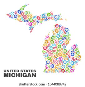 Mosaic technical Michigan State map isolated on a white background. Vector geographic abstraction in different colors. Mosaic of Michigan State map combined of random multi-colored cogwheel elements.