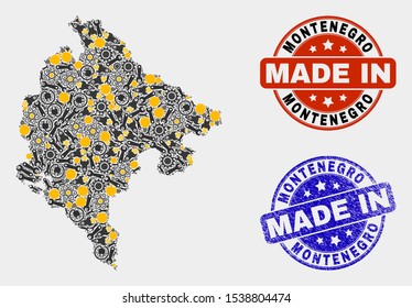 Mosaic technical Montenegro map and blue Made In scratched stamp. Vector geographic abstraction model for technical, or patriotic illustrations.