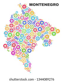 Mosaic technical Montenegro map isolated on a white background. Vector geographic abstraction in different colors. Mosaic of Montenegro map combined of scattered colorful gear items.