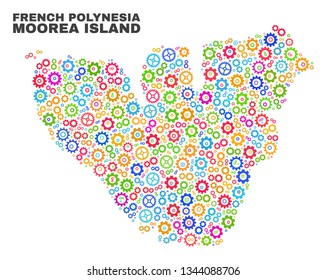 Mosaic technical Moorea Island map isolated on a white background. Vector geographic abstraction in different colors. Mosaic of Moorea Island map combined of random multi-colored gearwheel items.