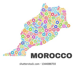 Mosaic technical Morocco map isolated on a white background. Vector geographic abstraction in different colors. Mosaic of Morocco map combined of random multi-colored gearwheel elements.