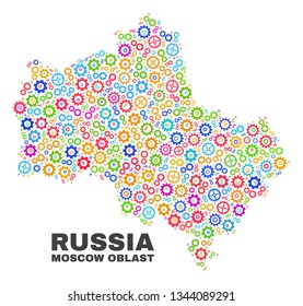 Mosaic technical Moscow Region map isolated on a white background. Vector geographic abstraction in different colors. Mosaic of Moscow Region map composed from random colorful wheel elements.