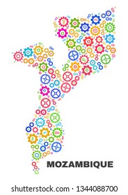 Mosaic technical Mozambique map isolated on a white background. Vector geographic abstraction in different colors. Mosaic of Mozambique map designed from scattered multi-colored gearwheel elements.