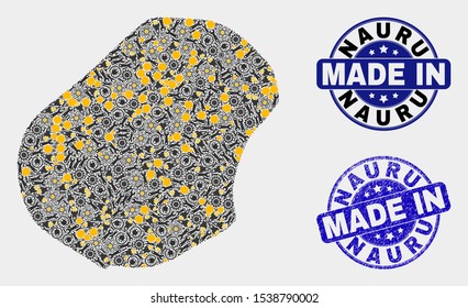 Mosaic technical Nauru map and blue Made In scratched stamp. Vector geographic abstraction model for service, or political templates. Mosaic of Nauru map combined of random wheel, wrenches,