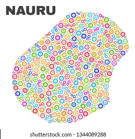 Mosaic technical Nauru map isolated on a white background. Vector geographic abstraction in different colors. Mosaic of Nauru map combined of scattered colorful cogwheel items.