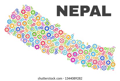 Mosaic technical Nepal map isolated on a white background. Vector geographic abstraction in different colors. Mosaic of Nepal map combined of random multi-colored cogwheel items.
