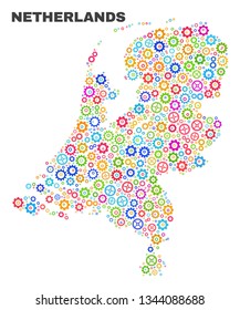 Mosaic technical Netherlands map isolated on a white background. Vector geographic abstraction in different colors. Mosaic of Netherlands map combined of random colorful wheel items.