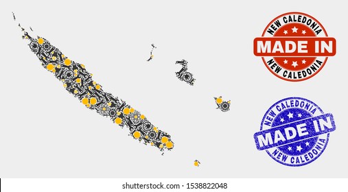 Mosaic technical New Caledonia Islands map and blue Made In textured stamp. Vector geographic abstraction model for technical, or patriotic purposes.