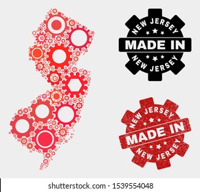 Mosaic technical New Jersey State map and grunge seal. Vector geographic abstraction in red colors. Mosaic of New Jersey State map combined of scattered gear elements. Red colored model for technical,