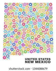 Mosaic technical New Mexico State map isolated on a white background. Vector geographic abstraction in different colors. Mosaic of New Mexico State map combined of random multi-colored cogwheel items.