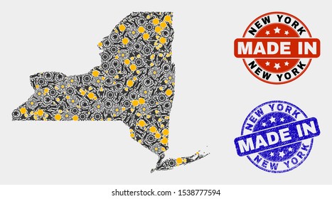 Mosaic technical New York State map and blue Made In grunge seal. Vector geographic abstraction model for technical, or political posters. Mosaic of New York State map combined of random wheel,