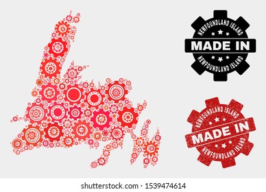 Mosaic technical Newfoundland Island map and scratched stamp. Vector geographic abstraction in red colors. Mosaic of Newfoundland Island map combined of random cog elements.