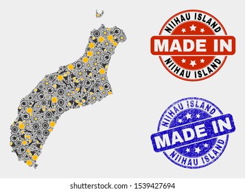 Mosaic technical Niihau Island map and blue Made In textured stamp. Vector geographic abstraction model for technical, or political templates.