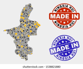 Mosaic technical Ningxia Hui Region map and blue Made In textured stamp. Vector geographic abstraction model for workshop, or patriotic posters.