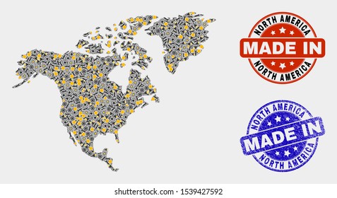 Mosaic technical North America map and blue Made In textured stamp. Vector geographic abstraction model for mechanic, or political templates. Mosaic of North America map combined of scattered cogs,