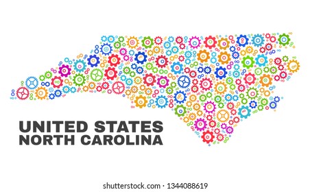 Mosaic technical North Carolina State map isolated on a white background. Vector geographic abstraction in different colors.