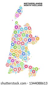 Mosaic technical North Holland map isolated on a white background. Vector geographic abstraction in different colors. Mosaic of North Holland map combined of random multi-colored cogwheel items.