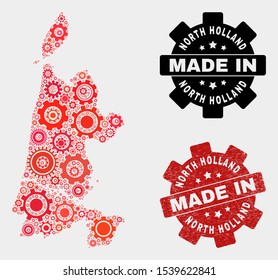 Mosaic technical North Holland map and scratched stamp. Vector geographic abstraction in red colors. Mosaic of North Holland map combined of scattered gear elements. Red colored model for technical,