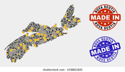 Mosaic technical Nova Scotia Province map and blue Made In scratched stamp. Vector geographic abstraction model for service, or political illustrations.