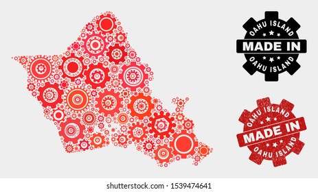 Mosaic technical Oahu Island map and scratched stamp. Vector geographic abstraction in red colors. Mosaic of Oahu Island map designed from random cog items. Red colored model for technical,
