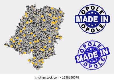 Mosaic technical Opole Voivodeship map and blue Made In textured stamp. Vector geographic abstraction model for technical, or political posters.