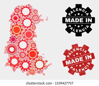 Mosaic technical Palencia Province map and grunge seal. Vector geographic abstraction in red colors. Mosaic of Palencia Province map composed from scattered cog elements.
