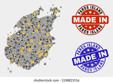 Mosaic technical Paros Island map and blue Made In grunge seal. Vector geographic abstraction model for service, or patriotic purposes. Mosaic of Paros Island map combined of scattered wheel,