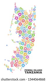 Mosaic technical Pemba island map isolated on a white background. Vector geographic abstraction in different colors. Mosaic of Pemba island map composed from random bright gear elements.