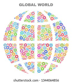 Mosaic technical planet globe isolated on a white background. Vector geographic abstraction in different colors. Mosaic of planet globe designed from random multi-colored cogwheel elements.