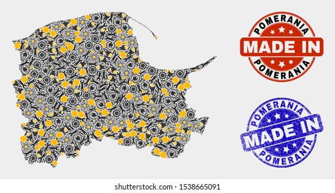 Mosaic technical Pomeranian Voivodeship map and blue Made In grunge seal. Vector geographic abstraction model for service, or political posters.