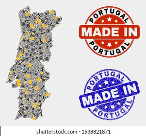 Mosaic technical Portugal map and blue Made In grunge stamp. Vector geographic abstraction model for workshop, or political posters. Mosaic of Portugal map combined of scattered gears, spanners,