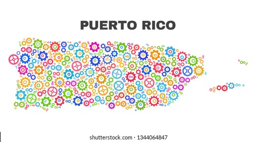 Mosaic technical Puerto Rico map isolated on a white background. Vector geographic abstraction in different colors. Mosaic of Puerto Rico map combined of random multi-colored gear items.