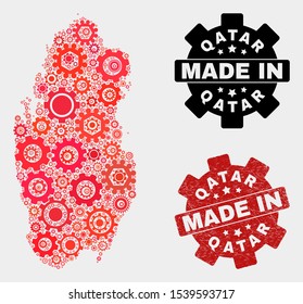 Mosaic technical Qatar map and scratched stamp. Vector geographic abstraction in red colors. Mosaic of Qatar map combined of scattered cogwheel elements. Red colored model for technical,