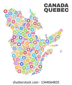 Mosaic technical Quebec Province map isolated on a white background. Vector geographic abstraction in different colors. Mosaic of Quebec Province map combined of scattered multi-colored wheel items.