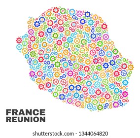 Mosaic technical Reunion Island map isolated on a white background. Vector geographic abstraction in different colors. Mosaic of Reunion Island map combined of random bright cogwheel elements.