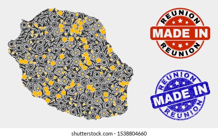 Mosaic technical Reunion Island map and blue Made In grunge stamp. Vector geographic abstraction model for service, or political purposes. Mosaic of Reunion Island map combined of random cogwheel,
