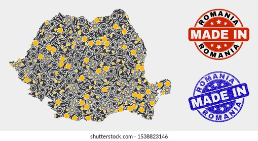 Mosaic technical Romania map and blue Made In scratched seal. Vector geographic abstraction model for service, or patriotic posters. Mosaic of Romania map combined of scattered gears, spanners, lamps,