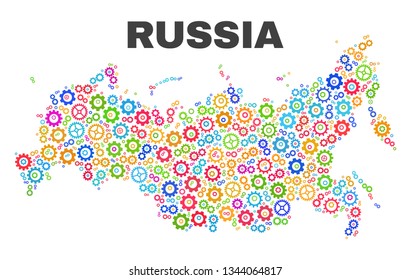 Mosaic technical Russia map isolated on a white background. Vector geographic abstraction in different colors. Mosaic of Russia map combined of random multi-colored cog items.