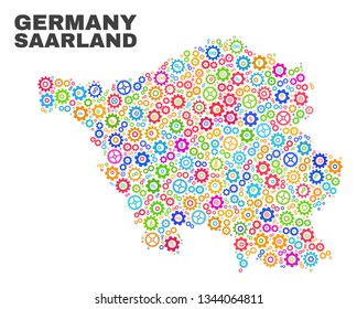 Mosaic technical Saarland Land map isolated on a white background. Vector geographic abstraction in different colors. Mosaic of Saarland Land map combined of random multi-colored wheel elements.