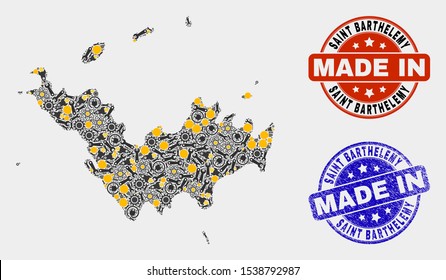 Mosaic technical Saint Barthelemy map and blue Made In grunge stamp. Vector geographic abstraction model for industrial, or political illustrations.