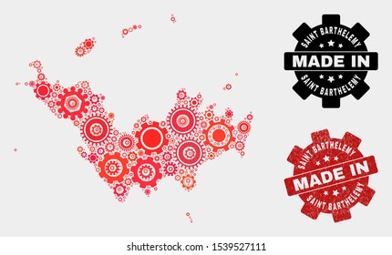 Mosaic technical Saint Barthelemy map and scratched stamp. Vector geographic abstraction in red colors. Mosaic of Saint Barthelemy map combined of scattered gear items.