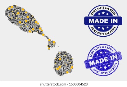 Mosaic technical Saint Kitts and Nevis map and blue Made In grunge stamp. Vector geographic abstraction model for technical, or political purposes.