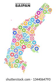 Mosaic technical Saipan Island map isolated on a white background. Vector geographic abstraction in different colors. Mosaic of Saipan Island map combined of scattered multi-colored cog elements.