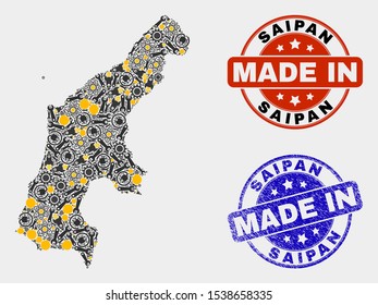 Mosaic technical Saipan Island map and blue Made In grunge seal. Vector geographic abstraction model for technical, or patriotic templates.